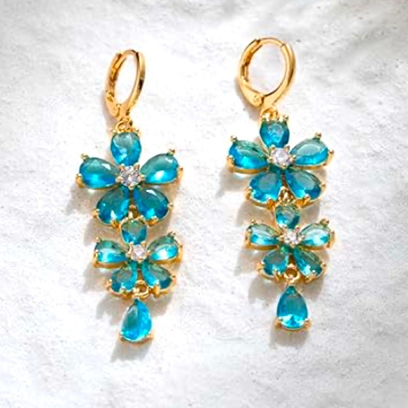 Rare Nordstrom Brass 14K Plate blue Topaz Flower drop earrings - Picture 1 of 4
